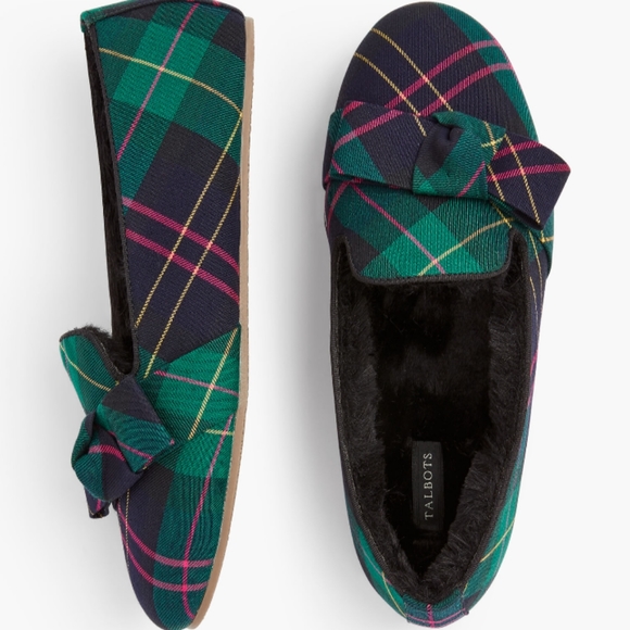 Women's TALBOTS Fireside Bow Slippers in Tartan Plaid Size 7 M - Picture 1 of 5